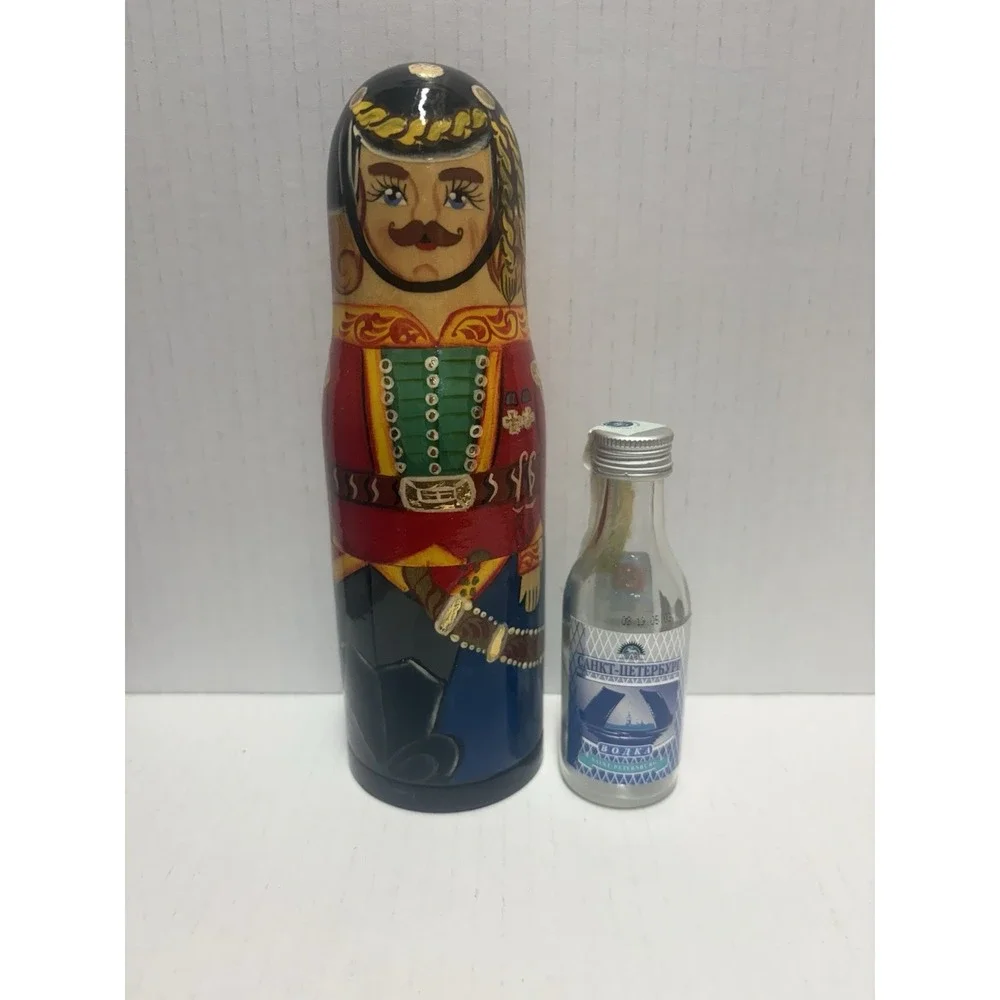 Russian Matryoshka Wooden Nesting Doll Vodka‎ Mini Bottle Holder Soldier 7.5 in